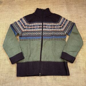 Eddie Bauer Womans Merino Wool/Cotton Full Zip Grn/Brn Fair Isle Sweater Size M